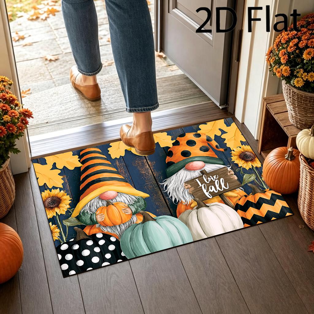 2D Flat Printing American Farmhouse Style Autumn Indoor Welcome Mat, Christmas Gnome Welcome Rug, Faceless Dwarf Pumpkin Sunflower Porch Decor Carpet,