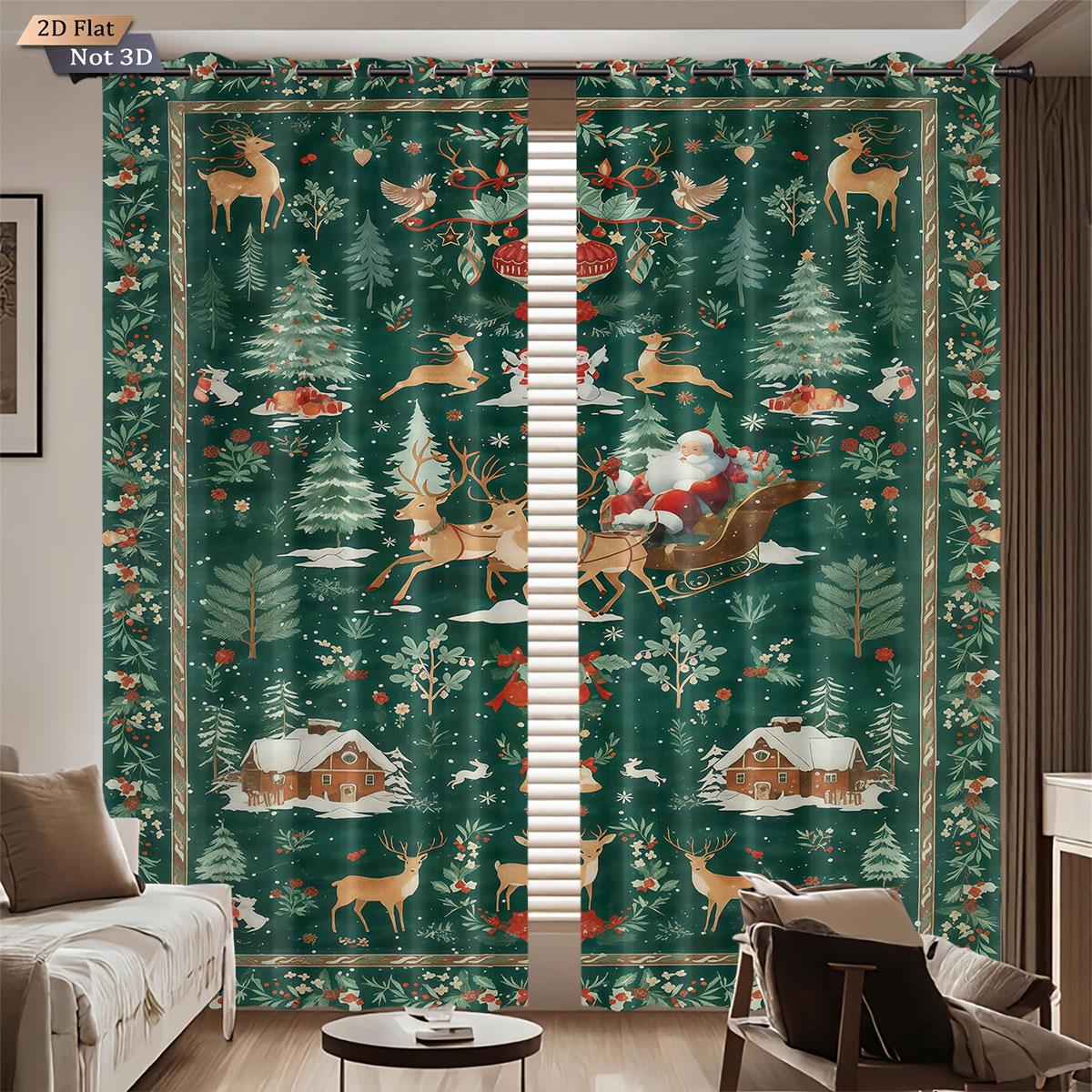 

2pcs green Christmas print blackout curtains multiple size living room bedroom insulation holiday decoration machine washable 100*130 Grommet Top 1pcs