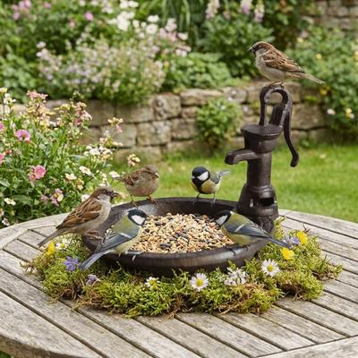 Practical Cast Iron Bird Feeder Water Pump Shape Windproof Bird Food Pot Rustic Weather Resistant Storage Plate Home Decoration