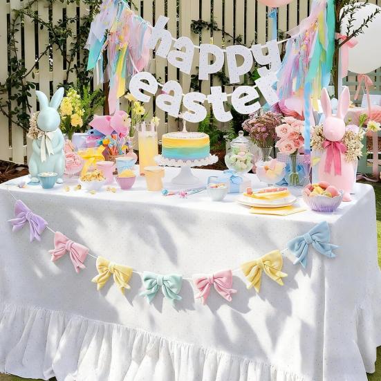 Easter Pastel Bow Garland Banner Spring Velvet Bow Garland Decoration for Table Door Mantel Window Wall Easter Party Supplies