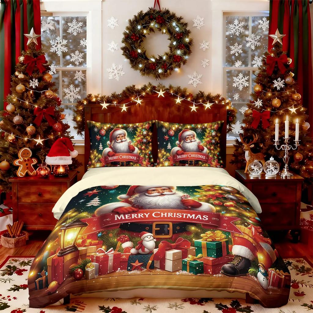 3Pcs Christmas Santa Claus Bedding Set 3D Printed Chipless Duvet Cover Set Soft Dormitory Bedroom Multiple Size Machine Washable