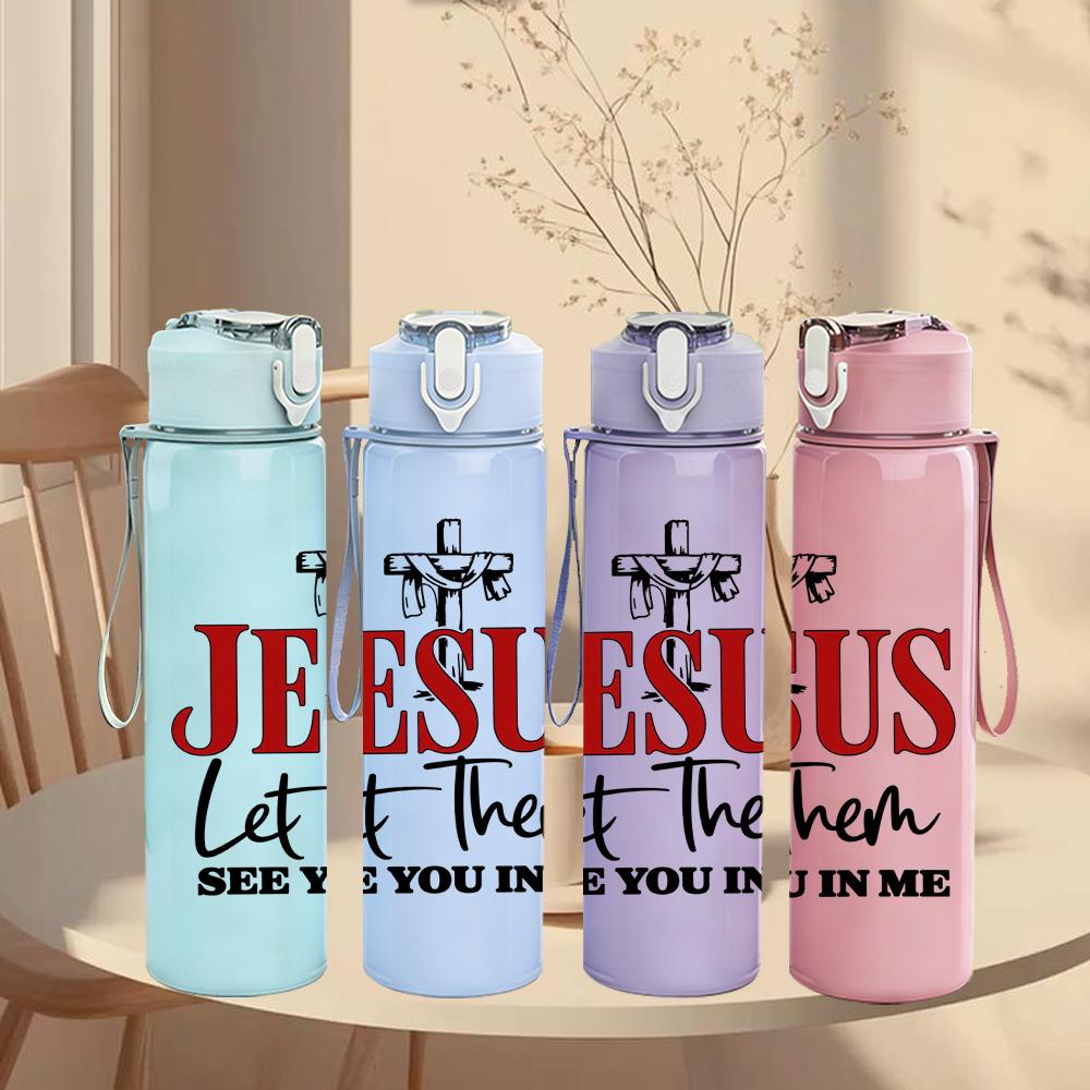 1PC Jesus Let Them In Cross Letter 750ml Color Plastic Sports Water Bottle Leakproof Flip Straw Lid Suitable for Sports Office Home Use