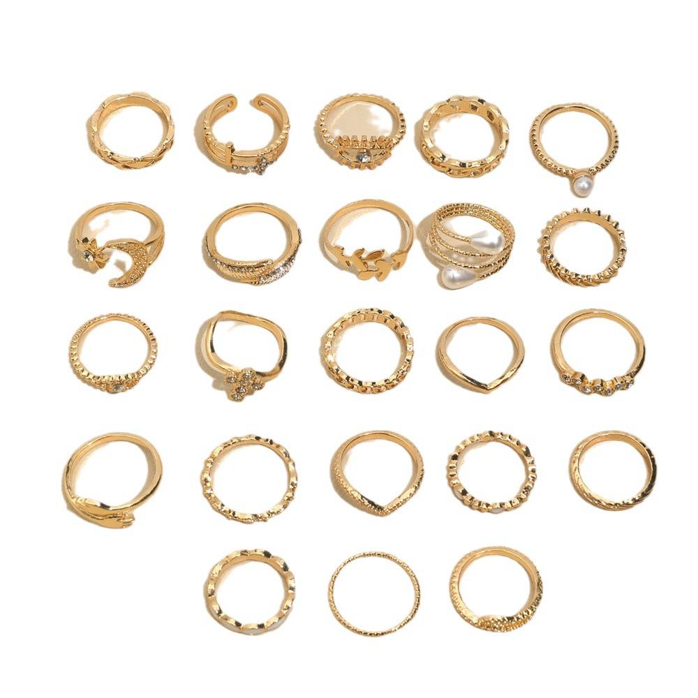 23-teiliges Mehrgelenk-Ring-Set: Tropföl, Eingelegter Diamant, Perle, Sonne & Mond Designs