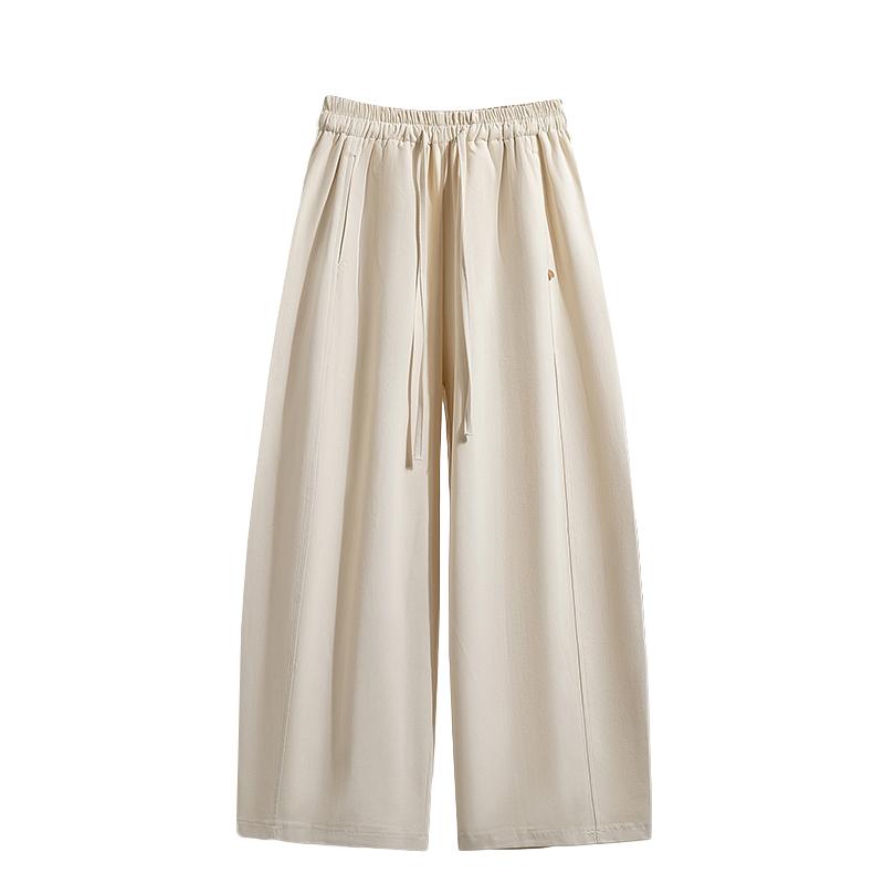 DIMANAF 2026 Summer New Plus Size Women Casual Cotton Wide Leg Pants Elastic Waist Drawstring Solid Color Straight Trousers