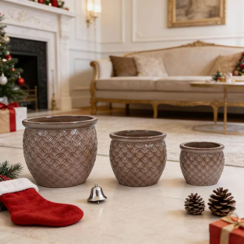 Handmade Ceramic Plant Pot Set, 3-Piece (diameter 38.5/30.5/23 cm), Glossy Beige with Coin Relief, Breathable, Frost-Resistant, with Drainage Holes