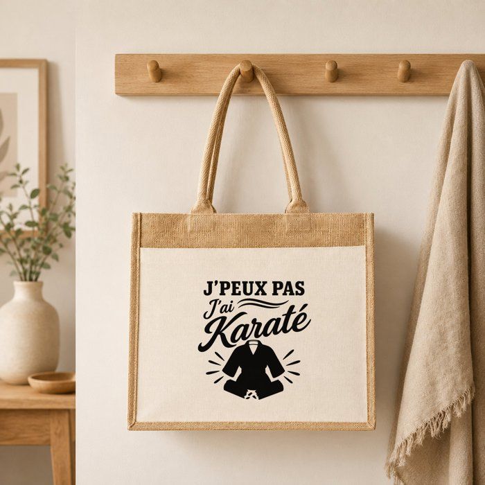 Sac cabas - PLANETEE - J'peux pas j'ai Karaté (minimaliste) - Toile de jute & coton - 21 L (43×33×21 cm) - Illustration trait noir