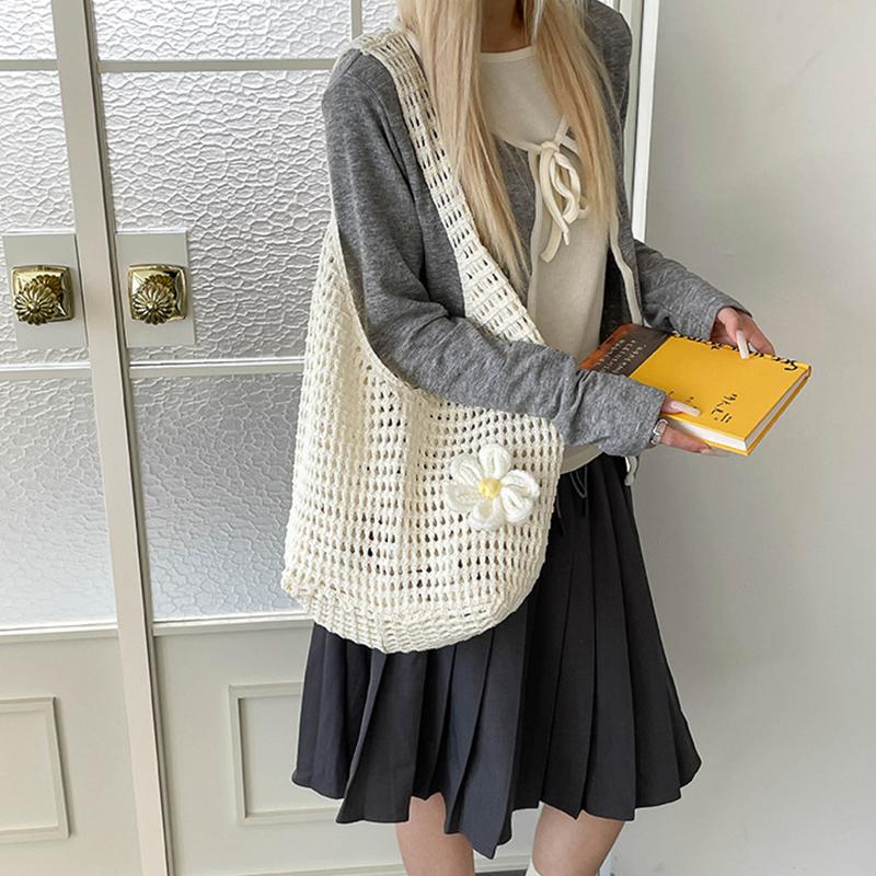Solid Color Knitting Shoulder Bag Flower Large Capacity Bohemian Crochet Tote Bag Hollow Out Versatile Casual Woven Handbag