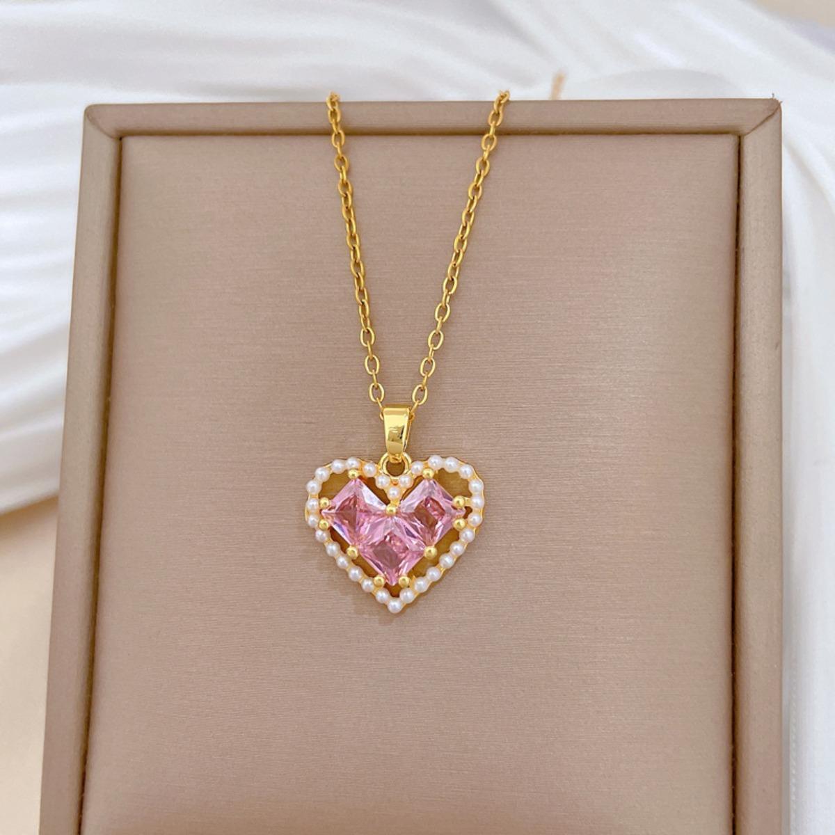 

Geometric Romantic Pink Zircon Heart Pendant Necklaces for Women Girls Sweet Imitation Pearl Accessories Stainless Steel Chain