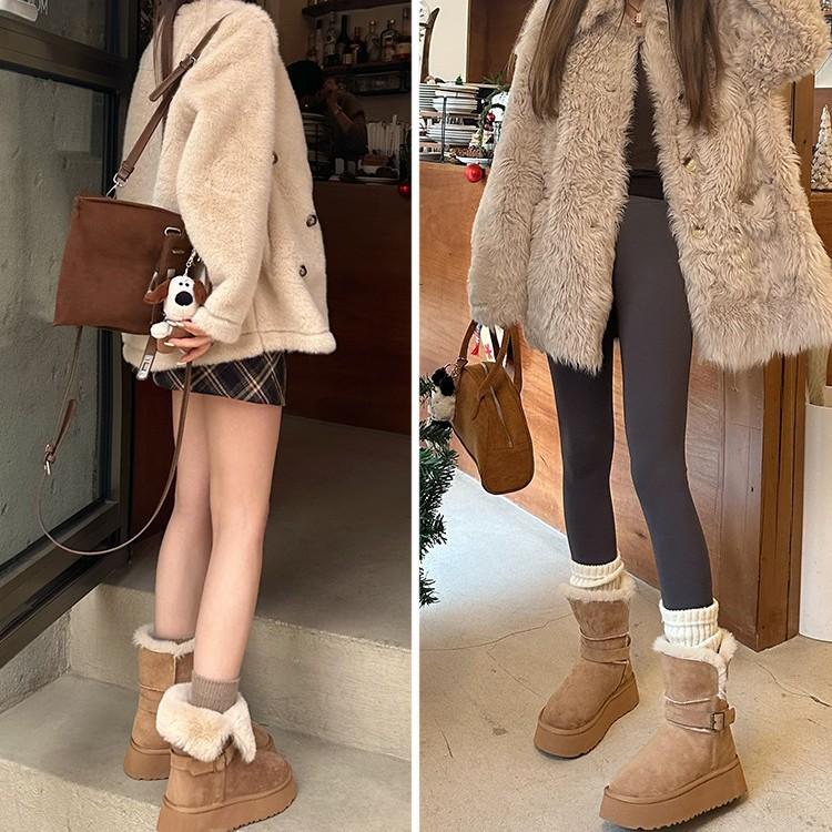 Wool version~ thick-soled snow boots winter new round head versatile velvet thickened two wear turned hair short tube snow cotton