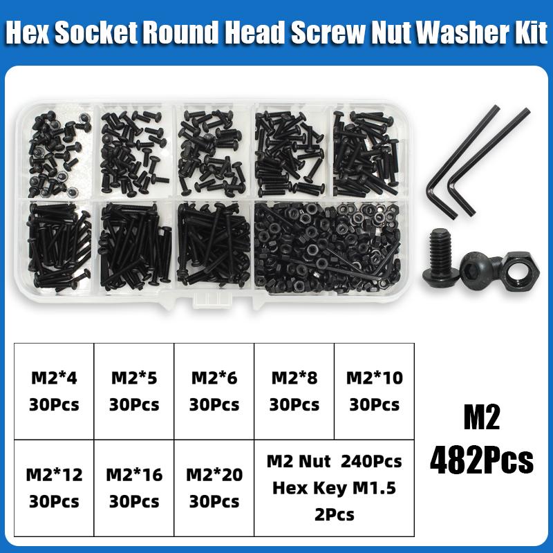

2510p Комплект винтов с шестигранной головкой и полукруглой головкой M2 M2.5 M3 M4 M5 M6, черные винты с шестигранной головкой класса 10.9, болты с гайками и шайбами ISO7380