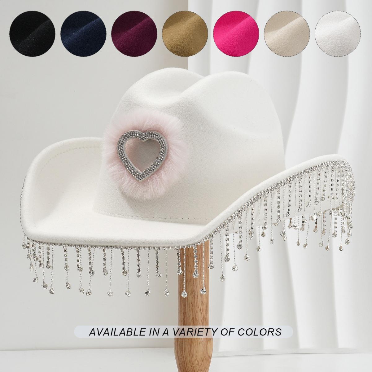 

Женская нейтральная водная бриллиантовая шляпа Love Feather с кисточкой Diamond Accessories Western Cowboy Hat Jazz Hat M（56-58cm） белый