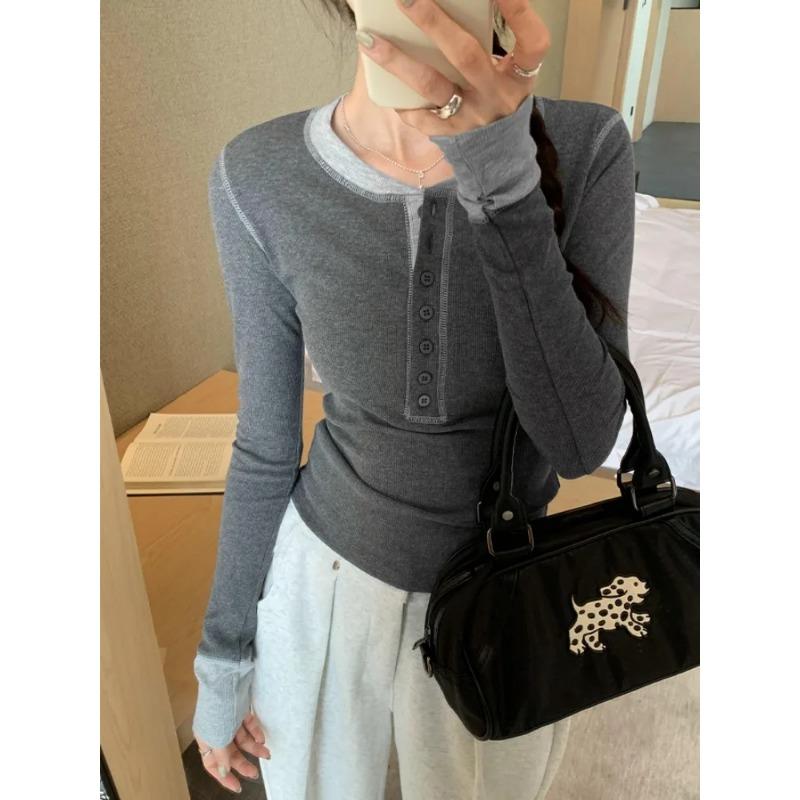 Korean Series Contrast Color Knit T-shirt Women Autumn 2024 New Long Sleeve Inner Wear Slim Fit Short Round Neck Base Top