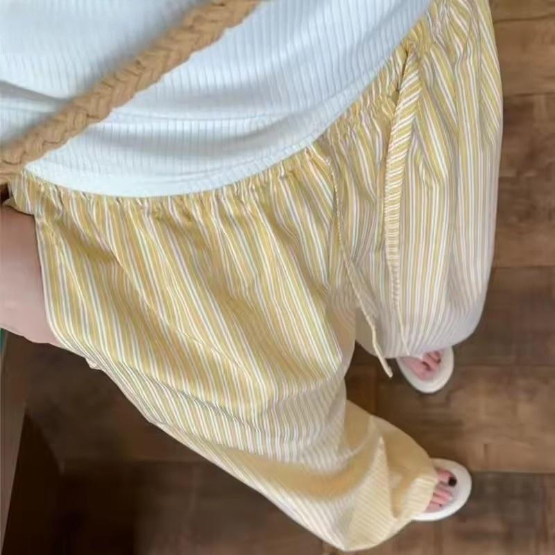 Striped Lazy Style Wide-leg Pants Vintage Summer Fresh Loose Thin Floor-length Casual Trousers Women