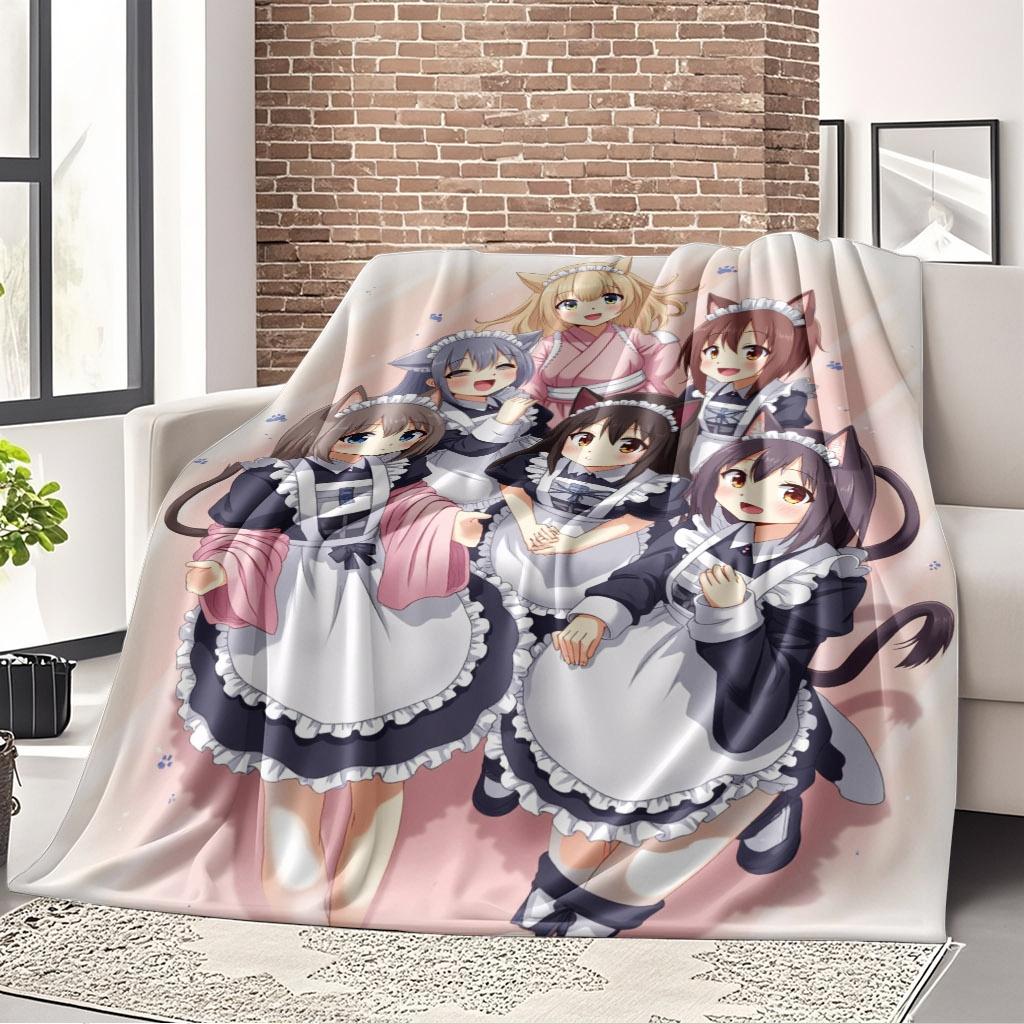 Soft Flannel Throw Blanket With 2D HD Neko Maid Servant Anime Print, Lightweight Warm Decorative Blanket For Bedroom Sofa Travel