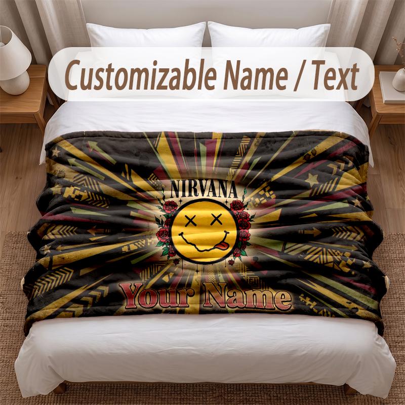 Nirvana Printed Flannel Blanket Custom Name Text Soft Warm Throw For Bedroom Holiday Gift