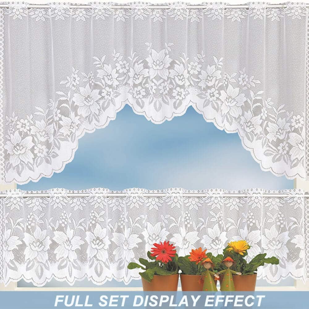 WUBODTI White Lace Swag Curta for Kitchen, Sheer Floral Embroidery Window Valances Hollow Knitted Home Decor Lace Valance Curta for Living Room