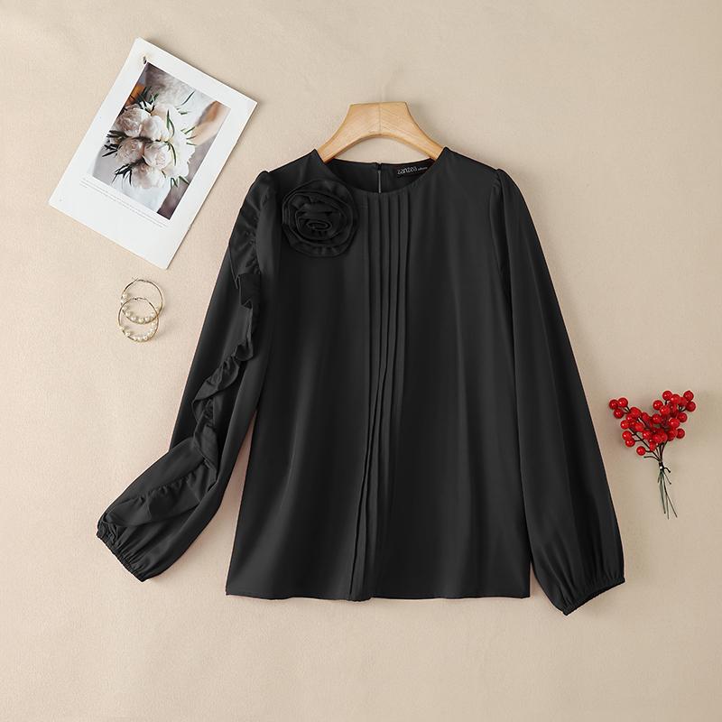 ZANZEA Women 3D Floral Splice Casual Round Neck Long Sleeve Blouse S