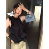 Kumikumi Sweet and Spicy Style Hanging Neck Sleeveless Black Vest Women clothes Summer Temperament Patchwork Frill All-Match Top