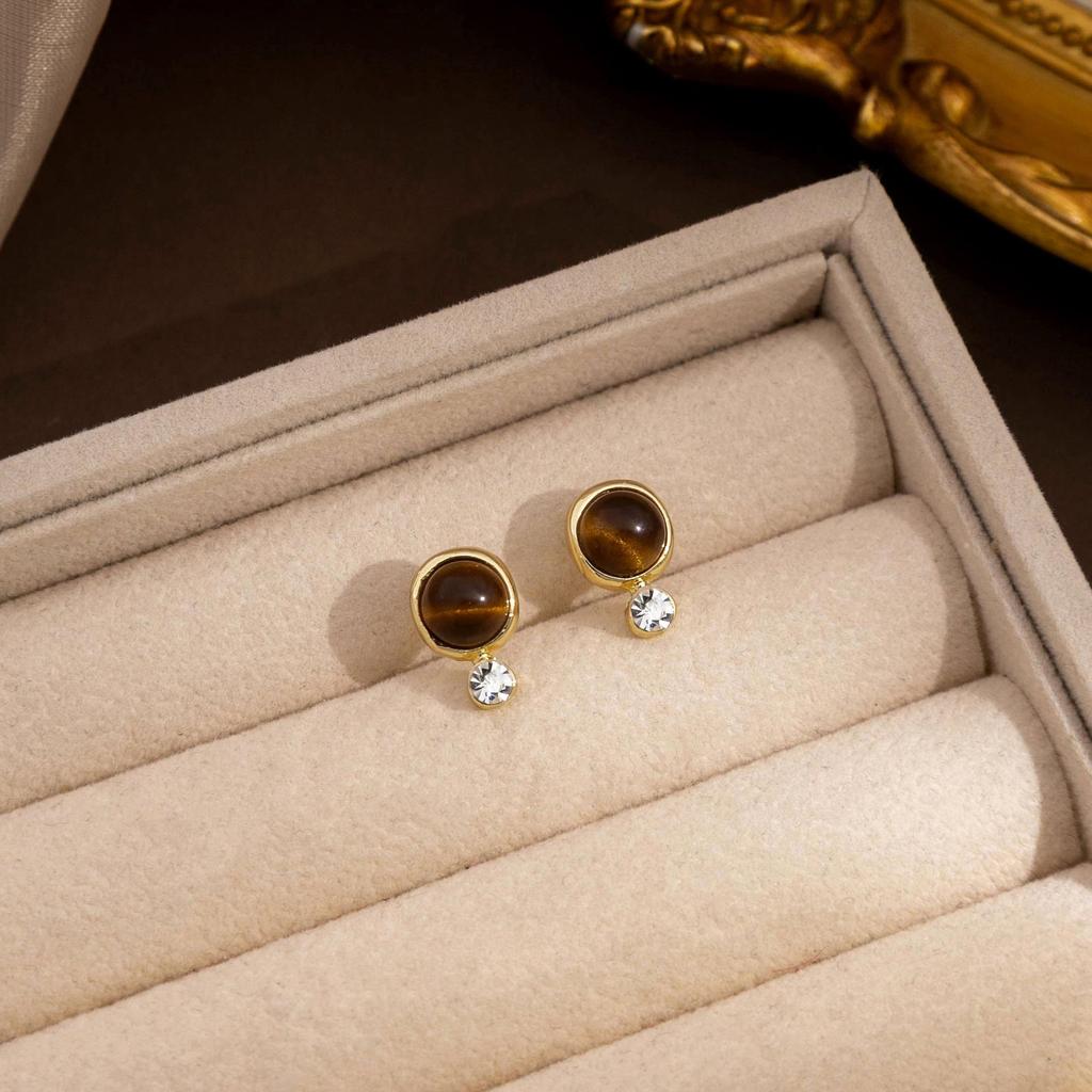 Silver Needle Tiger Eye & Rhinestone Round Geometric Earrings - Japanese & Korean Retro Style for Autumn/Winter
