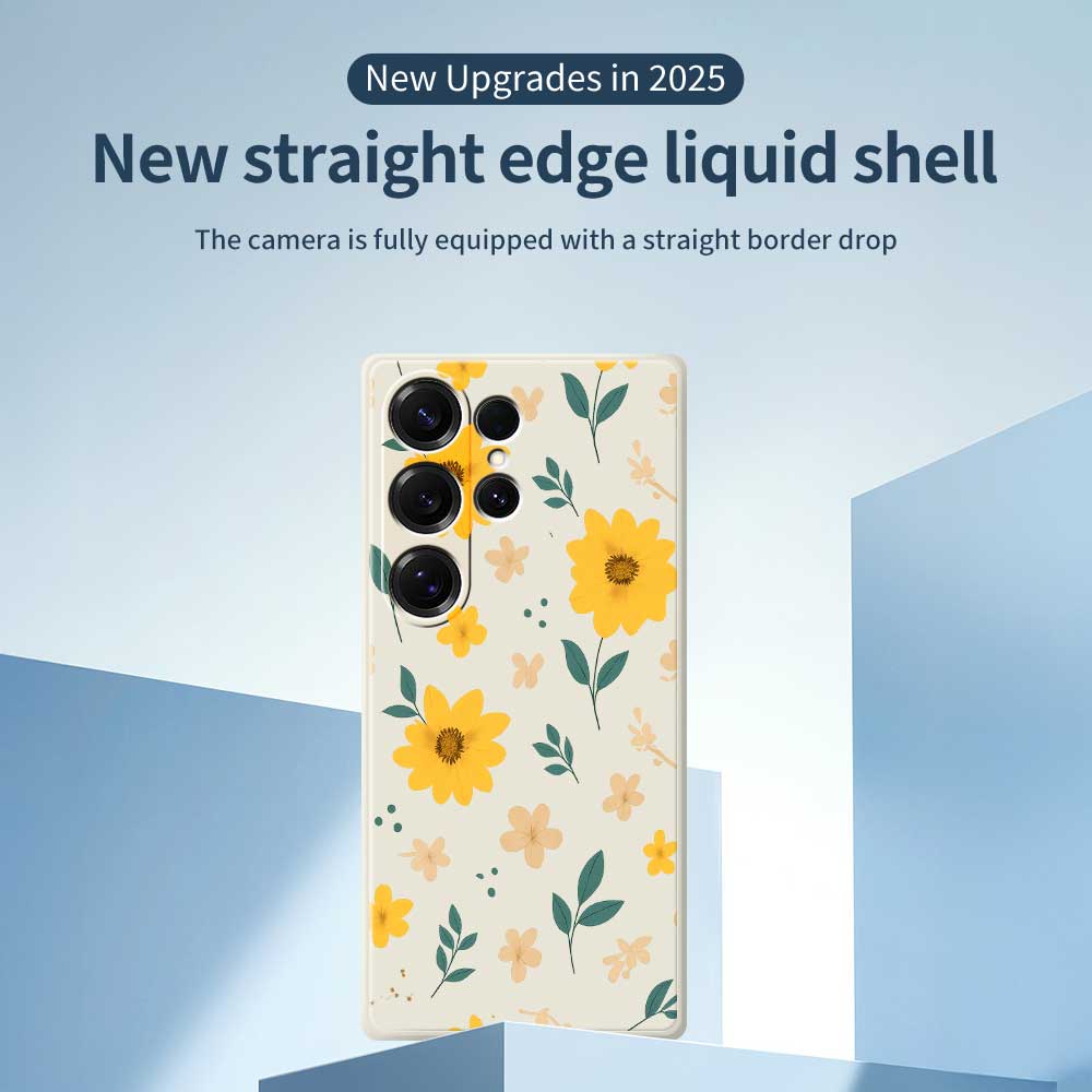 For Samsung Galaxy S25 Ultra Case Yellow Floral and Leaves Pattern Printing Straight Edge TPU Phone Back Cover