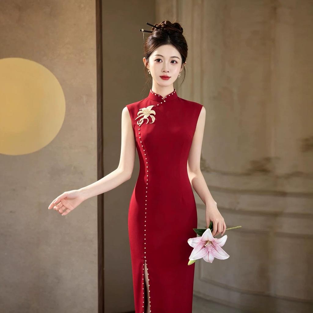 High-end red embroidered cheongsam 1011 new women's autumn sleeveless toast dress bridal high-end engagement dress dress
