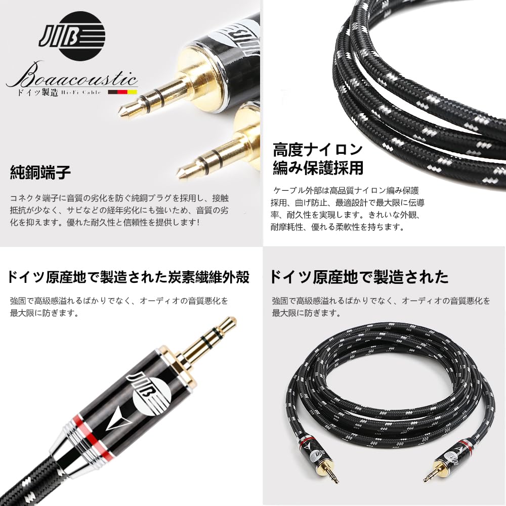 JIB Hi-Fi Audio Cable 3.5mm Male to Male AUX/TRS Cable, Durable Gold-Plated Plugs for Headphones/Speakers/Car/PC/Home Theater/Smartphones, 2m