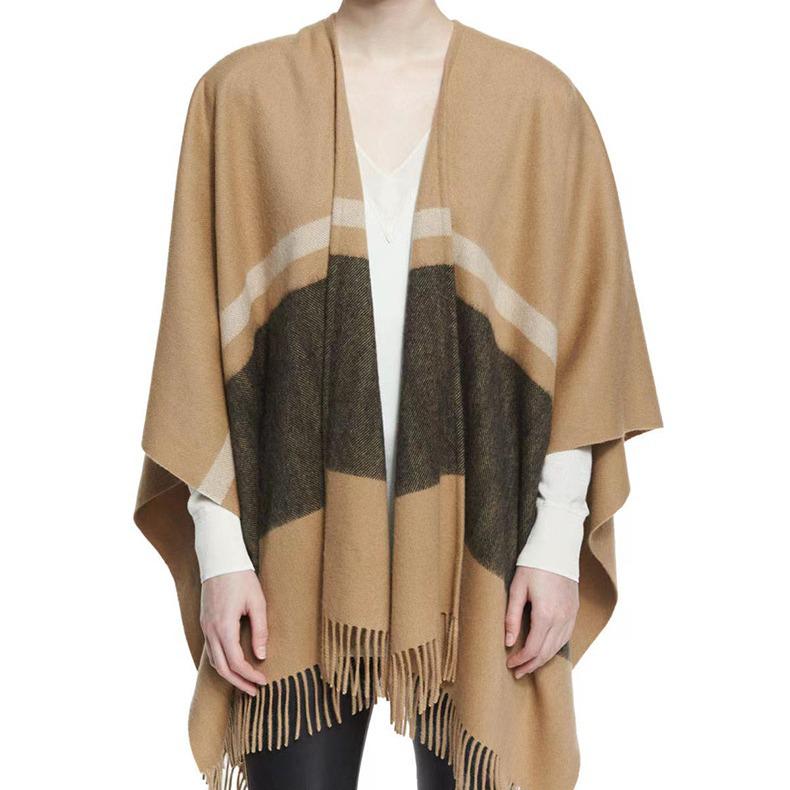 Women's Lambswool Mid-Length Color Block Shawl Cloak with Tassels