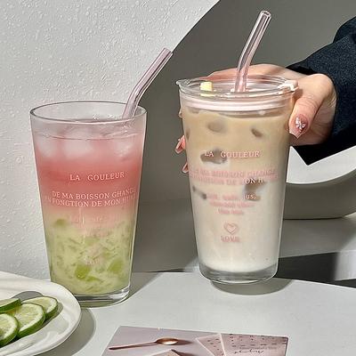 Taza de Cristal Linda con Pajita y Tapa Vaso con Letras 450ml para Café Helado, Zumo, Té, Vasos para Beber, Vaso Transparente para Té de Burbujas, Regalo