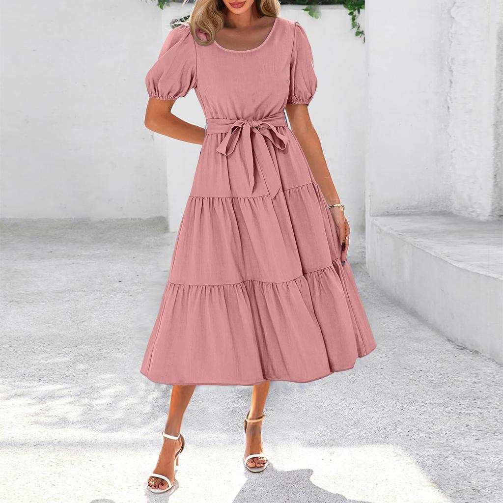 Women's Summer Solid Color Short Sleeve Round Neck Waistband Bohemian Flowy Layered Maxi Dress With Pockets
