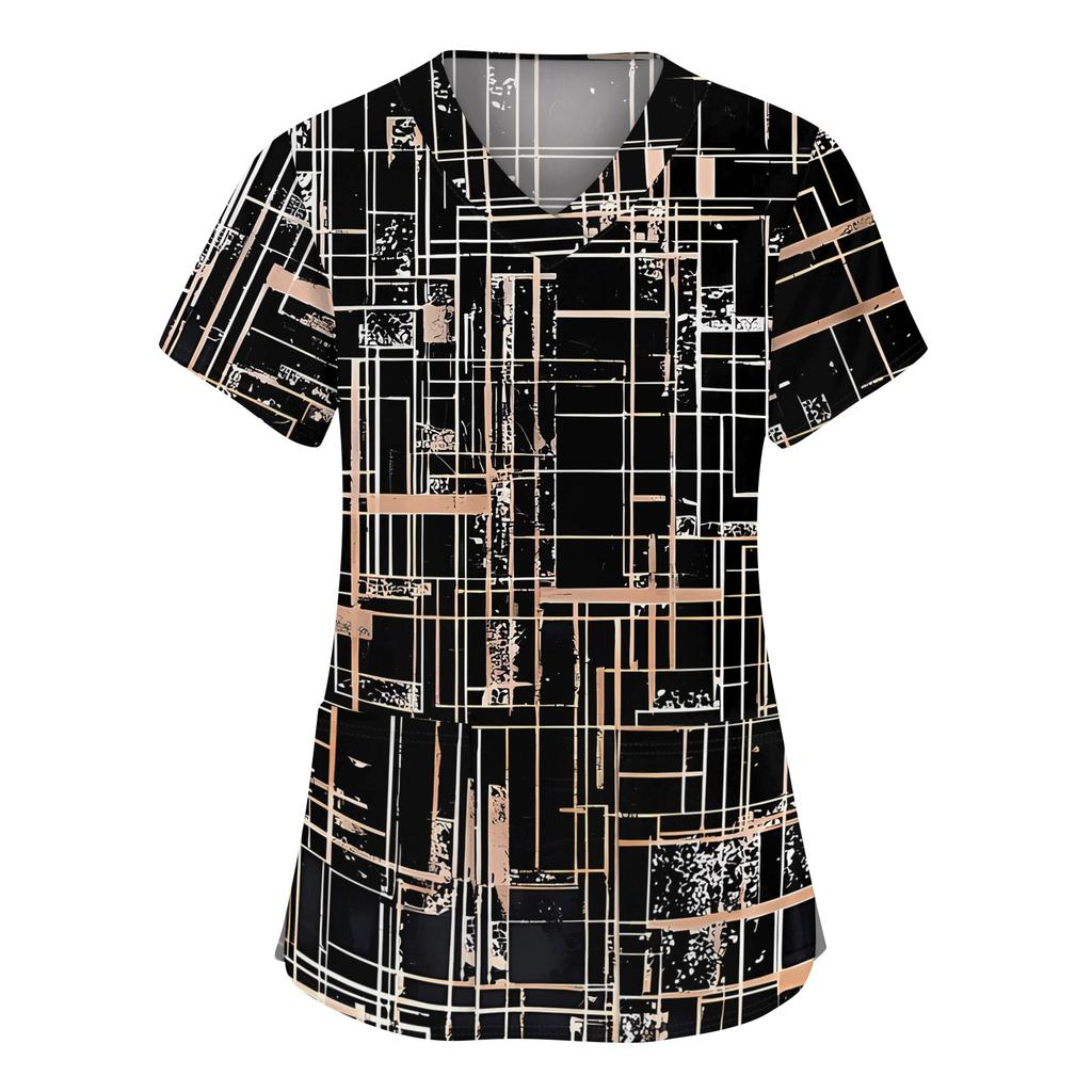 Damesmode werkkleding met V-hals, korte mouwen en bedrukte zakken