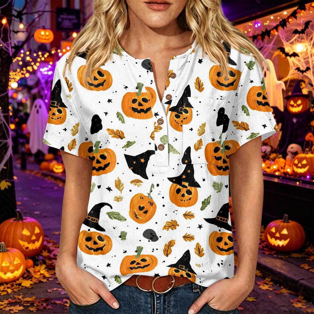 Women's Halloween Print V Neck Short Sleeve Button Detail Three Quarter Sleeve T Shirt Top Casual Fashion