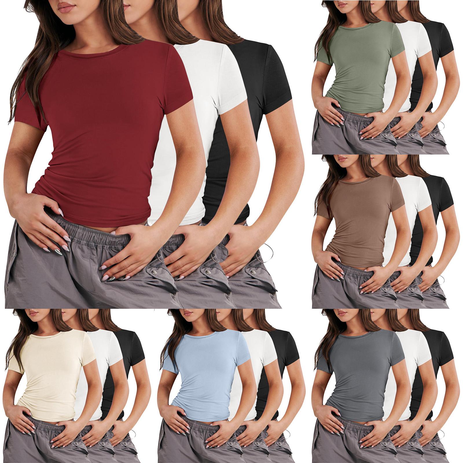 

Женская модная однотонная футболка с круглым вырезом и короткими рукавами, топ (Пакет из 3)