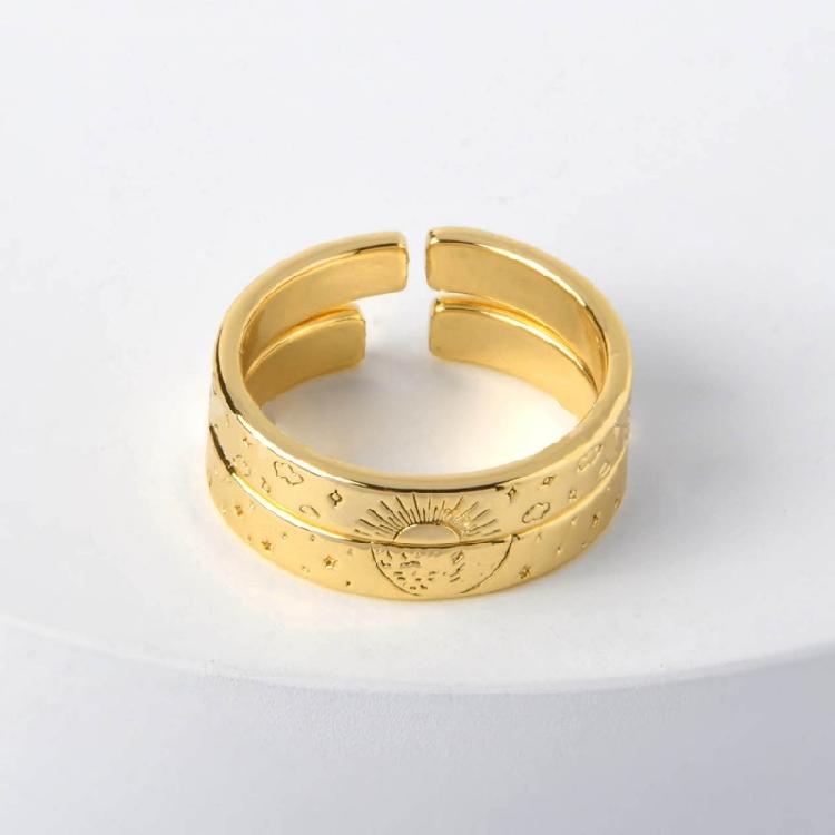 2Pcs Corrosion Pattern Open Rings Stackable Sun Moon Rings Set Women Ornaments