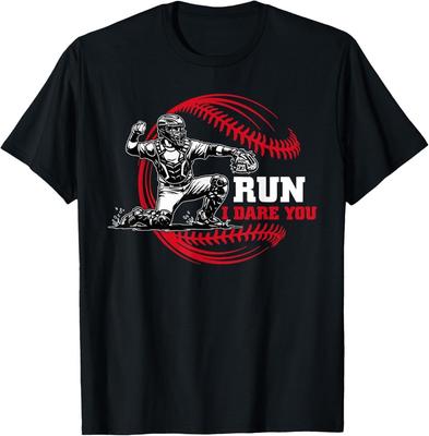 Vintage Baseball Catcher Funny Boys Go Ahead Run I Dare You T-Shirt