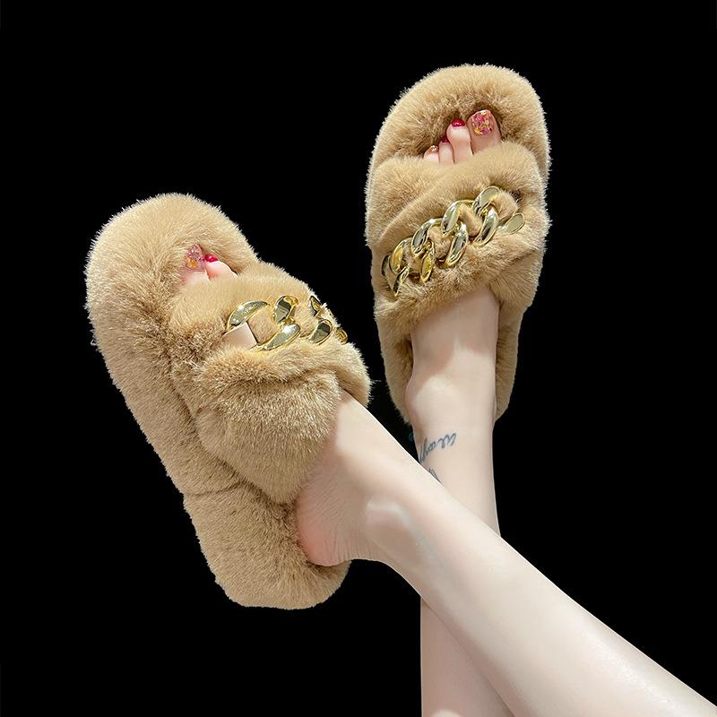 European goods heightened thick-soled fluffy slippers women wear high-end explosion spring and autumn chain Internet celebrity cross plush slippers