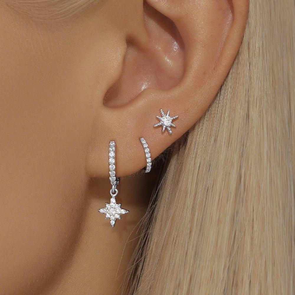 3 Pcs Fashion Stainless Steel Round Star Drop Earrings for Women Trendy Crystal Zirconia Dangle Earring Punk Unisex Rock Jewelry