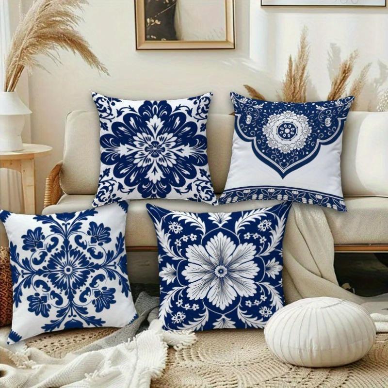 Set von 4 einseitigen böhmischen Blumen-Zierkissen im Vintage-chinesischen Marineblau-Weiß-Design, mit Samt-Reißverschlussbezug, geeignet für Sofa und Bett