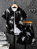 Men's Blue Ocean Palm Tree Print Short Shirt and Shorts Set, Hawaiian Beach Vacation Style Shirt Set