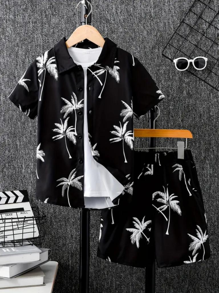 Men's Blue Ocean Palm Tree Print Short Shirt and Shorts Set, Hawaiian Beach Vacation Style Shirt Set