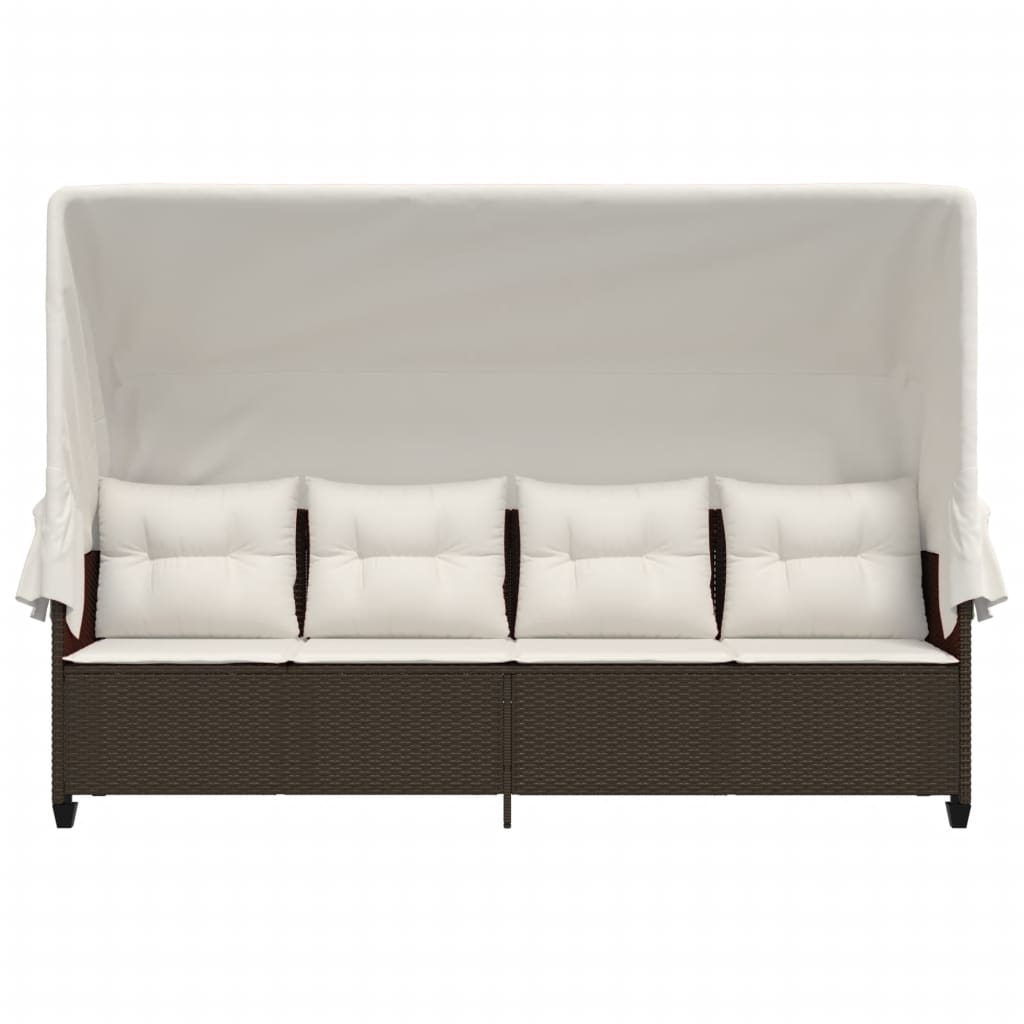 Sun Lounger with Canopy and Cushions Brown PE Rattan