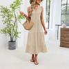 Women's Fashionable Color V-neck Button Sleeveless Long Pleated Loose Dress