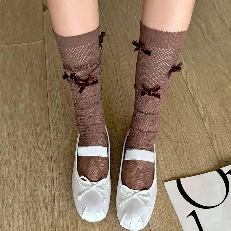 Hollow Out Bow Design Stacking Fishnet Socks Mid Calf Lace Stockings Bow Fishnet Mesh Socks for Women Kawaii Y2K Street Style