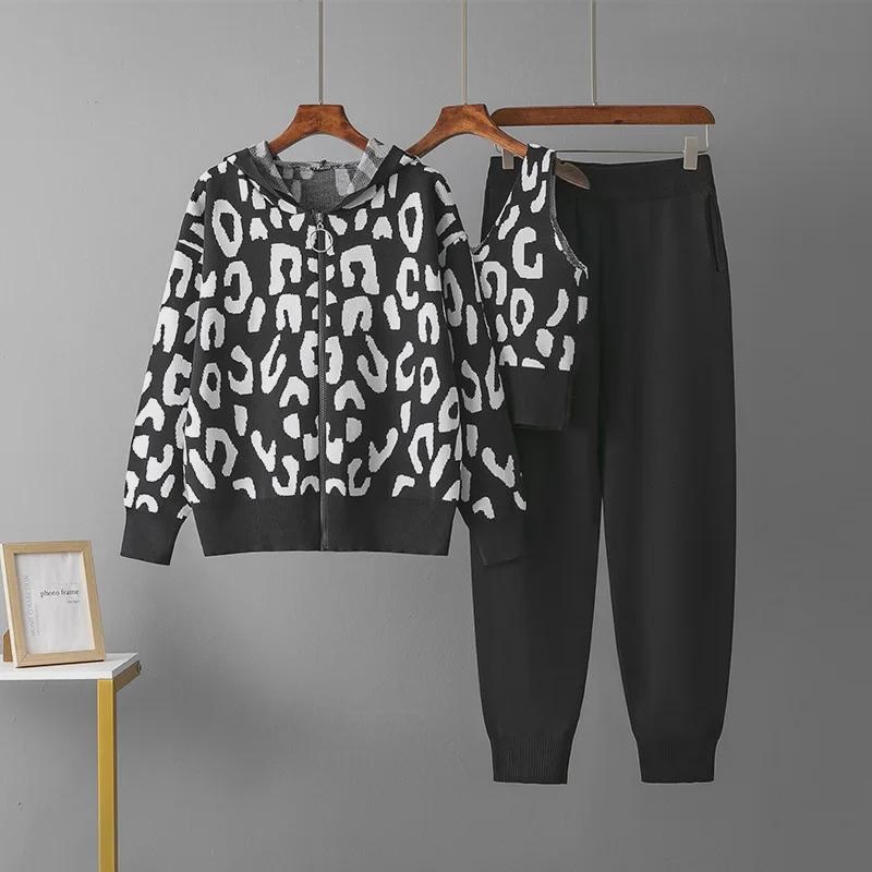 European Autumn Leopard Print Knit Wool Hooded Three-Piece Set for Women