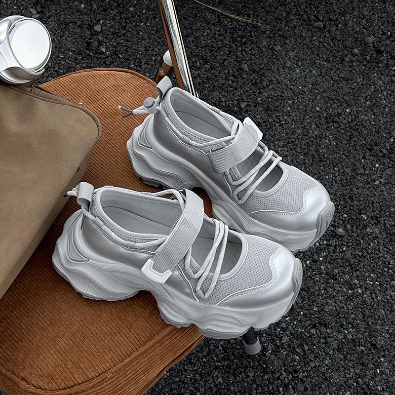 

Thick-soled heightening sandals women s 2025 summer new hollow mesh breathable Velcro casual sports dad shoes 35 серебряный