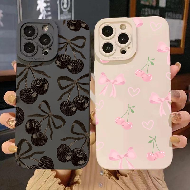 Cute Bow Cherry Silicone Soft Phone Case For Xiaomi Redmi Note 14 13 12 11 Pro Plus 5G 12S 11S Redmi 13C 14C 12 4G Cover