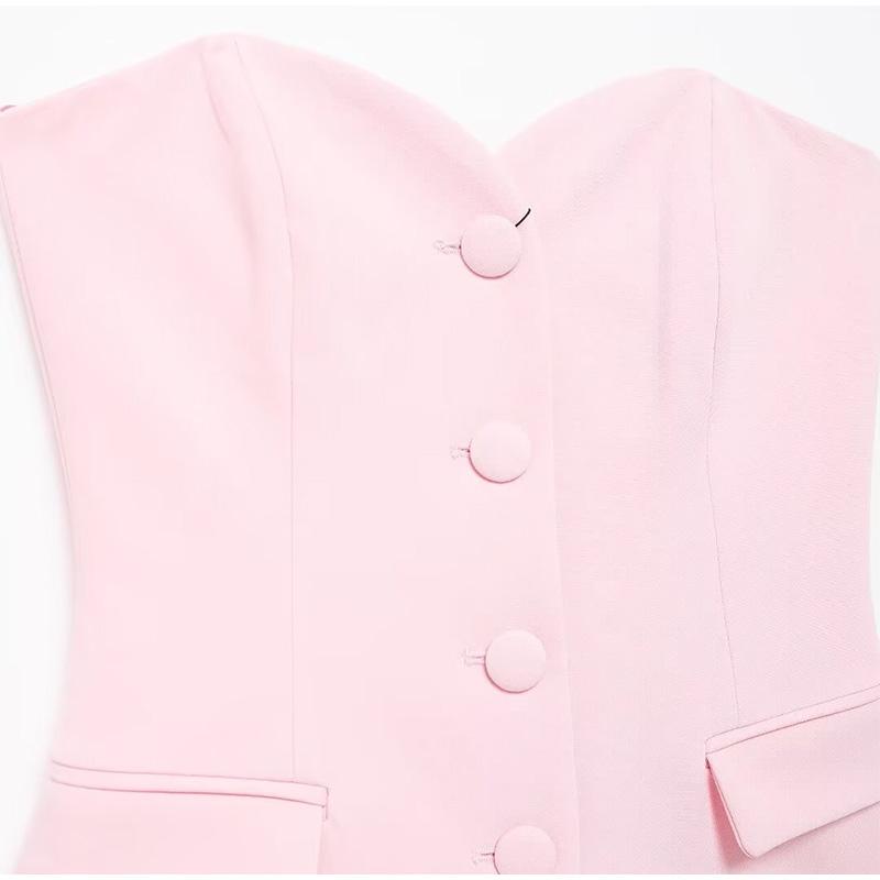 Elegant Solid Vest Pants Women Outfit Sexy Tube Single Breasted Pocket Tank Top Loose Zippers Trousers Summer Lady Outfit