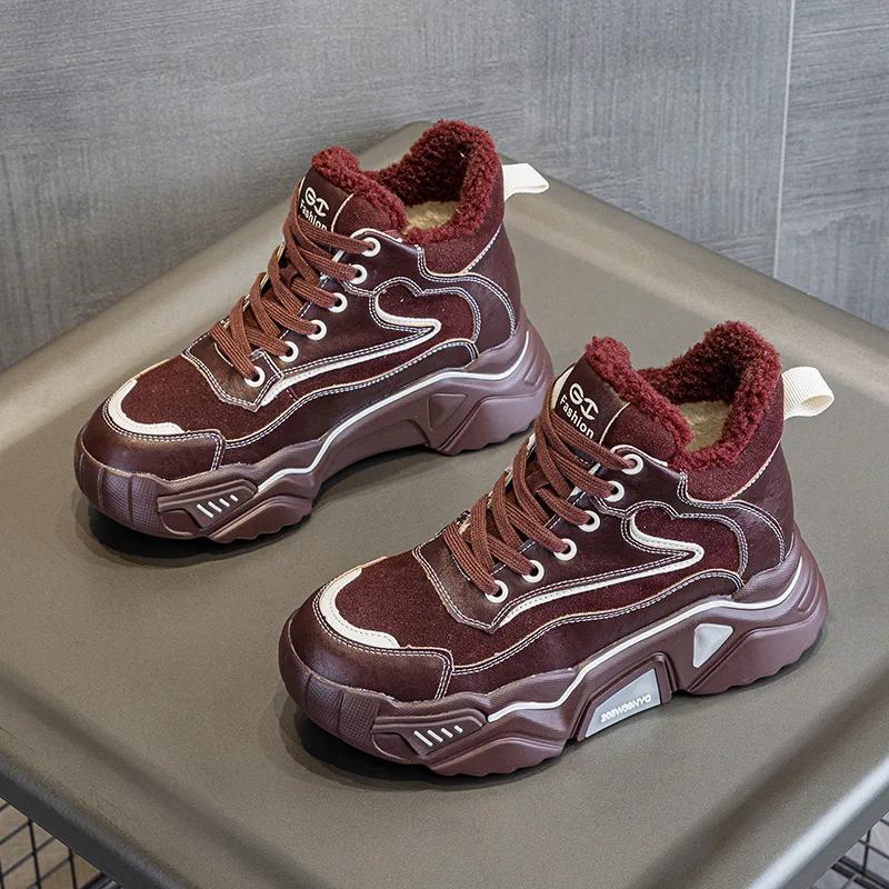 

Мода Высокое качество 6 см Натуральная кожа Осень Зима Теплые Женские Ботильоны Весна Плюшевая Обувь Кожаные Ботинки на Платформе Кроссовки Клинья 37