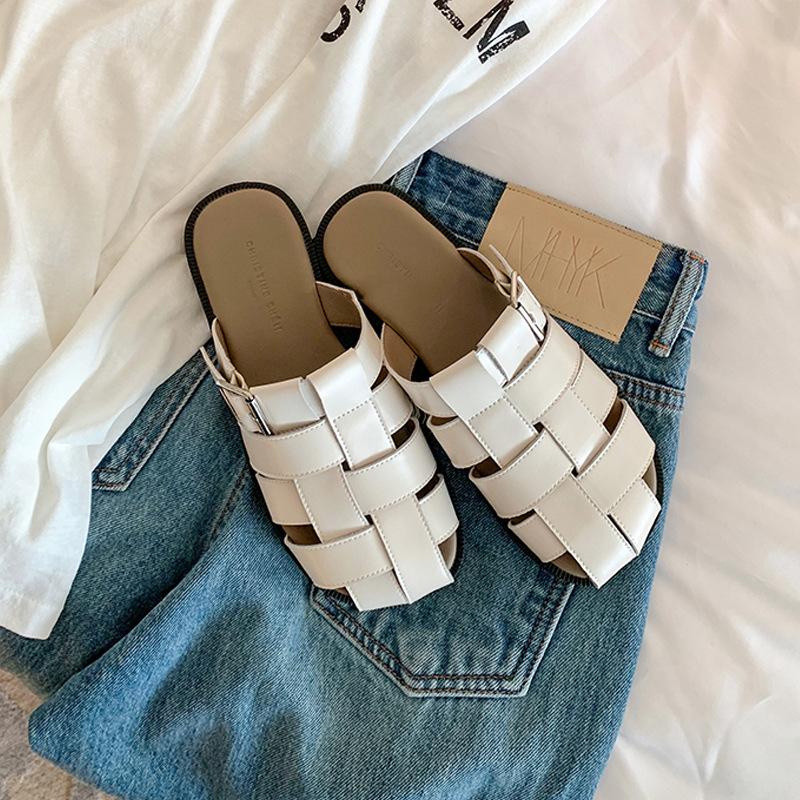 2025 Summer New Cool Slippers Cover Up Ugly Weaving Hollow Flat Sandals Women's Pig Cage Bag Head Slippers Outside Wear