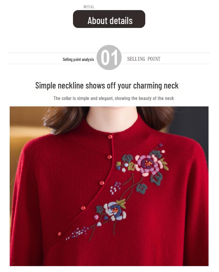 Stylish 100% Wool Sweater: Women's Autumn/Winter Embroidered Half-High Neck Knitwear, Warm Base Layer Cardigan