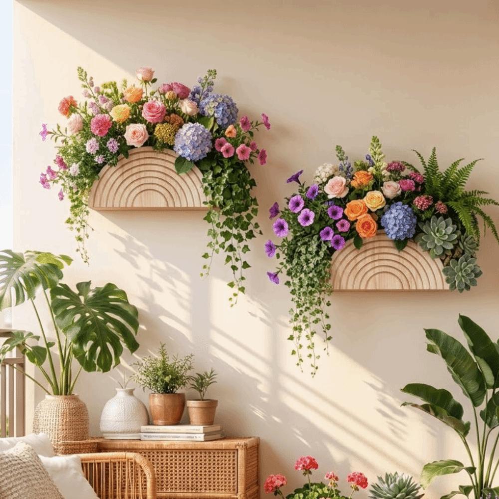 Wooden Wall-mounted Flower Rack Minimalist Handmade Semicircle Wall Planter with Foam Wall Storage Rack Wall Decors